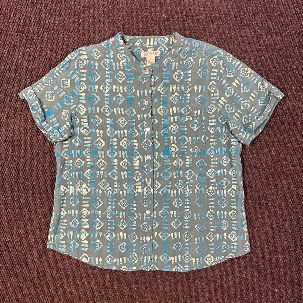 Orvis Button Up Shirt Womens L Blue Geometric Cotton Short Sleeve Batik Top